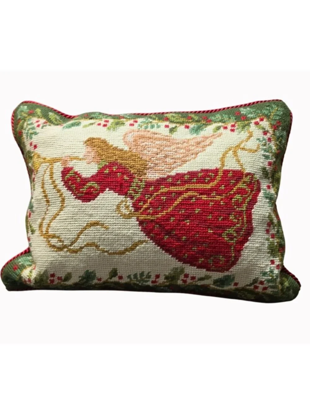 Vtg Colonial Williamsburg Christmas Angel Needlepoint Pillow Grandmillennial 14
